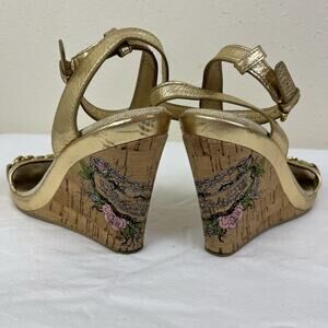 Coach Ellette Y2K Graphic Wedge Sandal Size 6.5 Natural Gold McBling Baddie